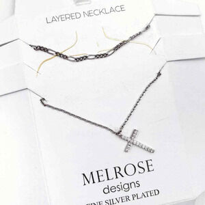 Melrose Design‎ Cross Necklace Silver Plated Layered Cuban Chain Pave